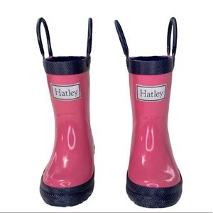 Hatley Girls Slide On Pink Navy Rubber Rainboots Size 4, EUC
